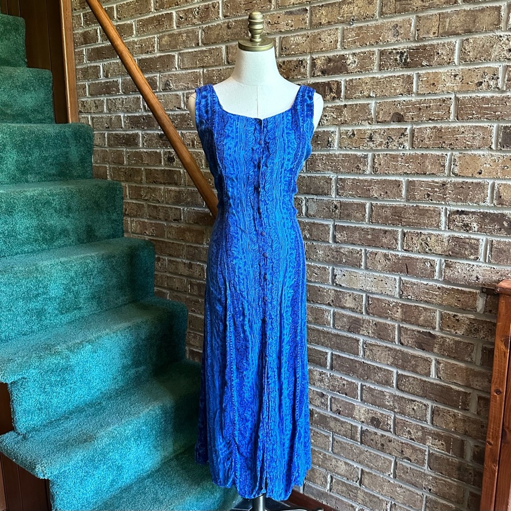 VTG Blue Patterned Floral Paisley Boho Hippie Button Front Tank Dress